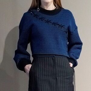 Maturos NYC Gwen Lace Up Knit Top Blue Black Sweater  S